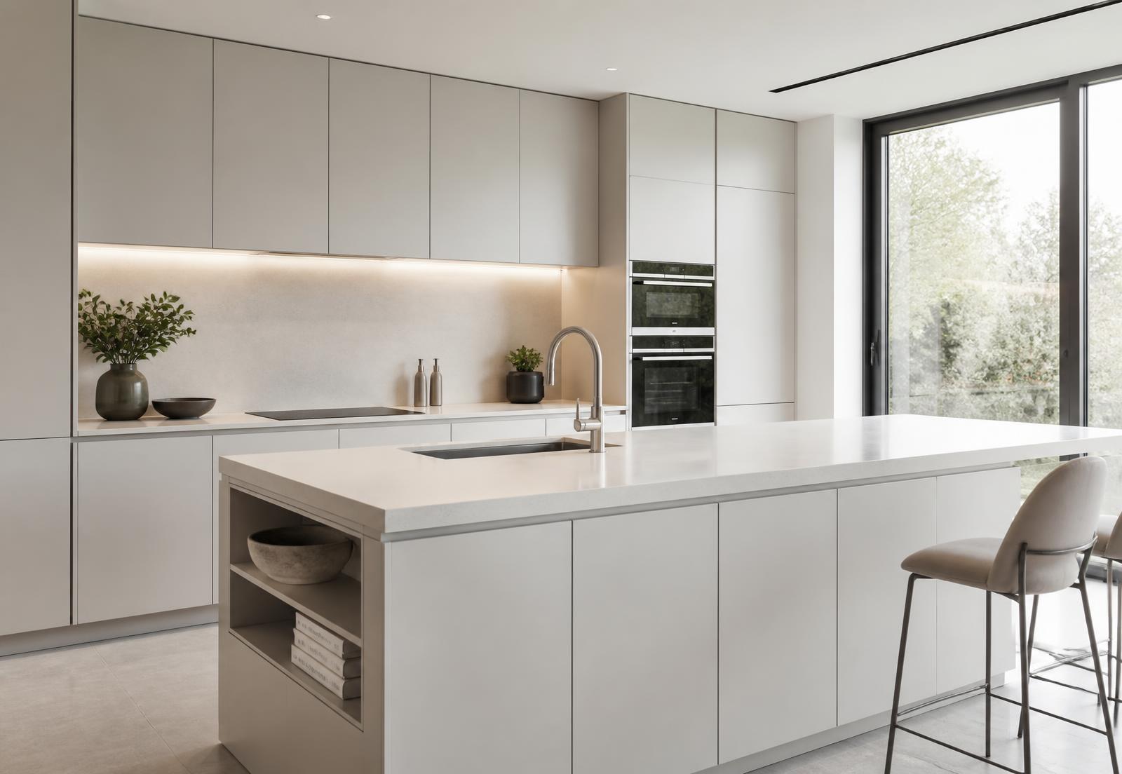 Modern minimal kitchen with pale cabinetry and stone worktops